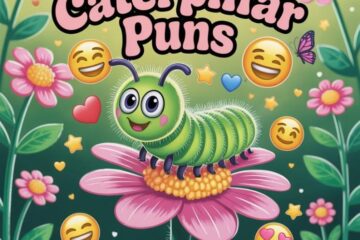 Title graphic featuring caterpillar illustration with text '199+ Caterpillar Pun - Lot More Bug puns' with pun "Lot More"