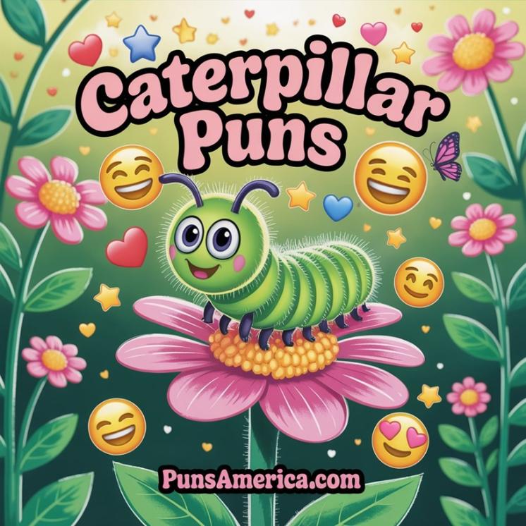Title graphic featuring caterpillar illustration with text '199+ Caterpillar Pun - Lot More Bug puns' with pun "Lot More"