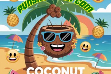 Tropical vacation scene with palm trees, coconuts, and beach elements, featuring text '199+ Coconut Puns - Punsamerica The Vacation Fun' with pun "coconut puns"
