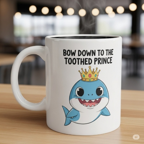 Bow Down to the Toothed Prince Shark Puns Mug Mockup | Puns America
