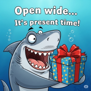 Open wide. Its Present time Happy Birthday Shark Puns | Puns America